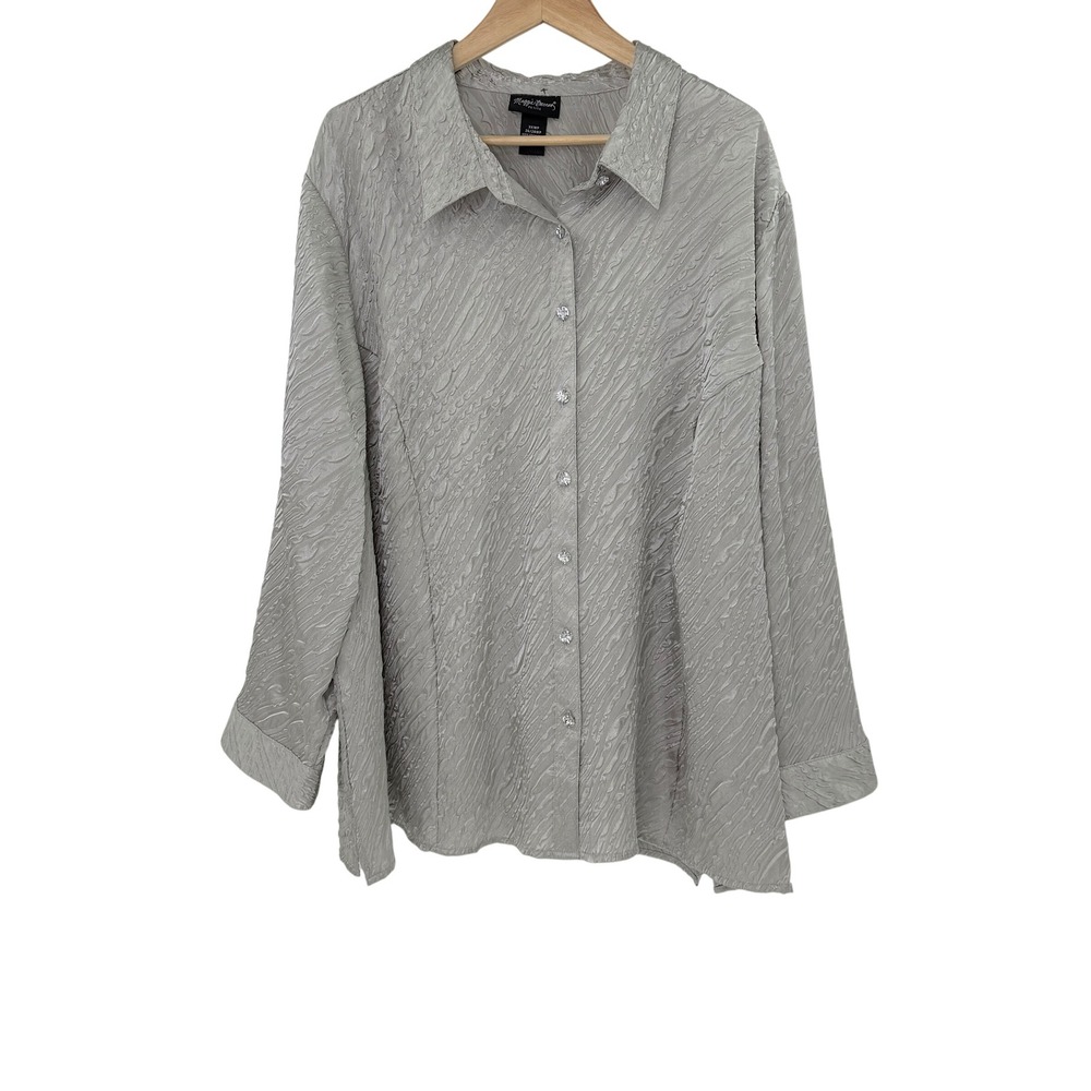 Maggie‎ Barnes Petite 3XWP Silver Textured Button Front Blouse Shirt